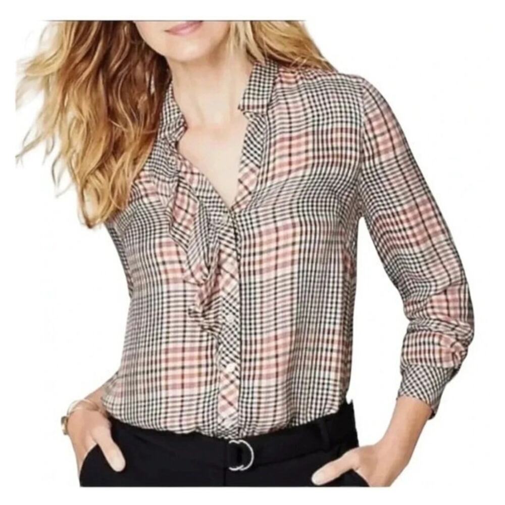 J JIll Plaid Ruffle Front Button Down Shirt Size M Petite